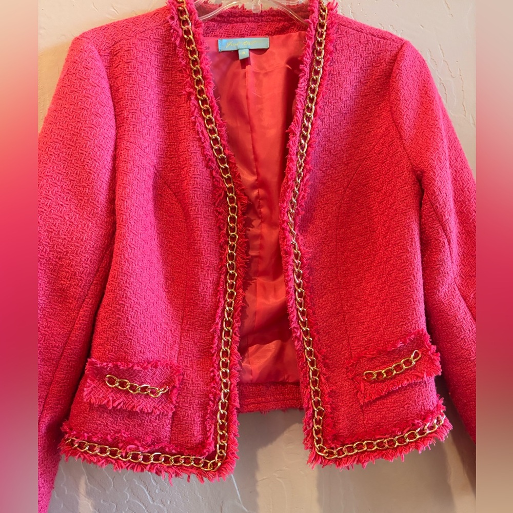 Chic Pink Blazer with Gold Chain Trim